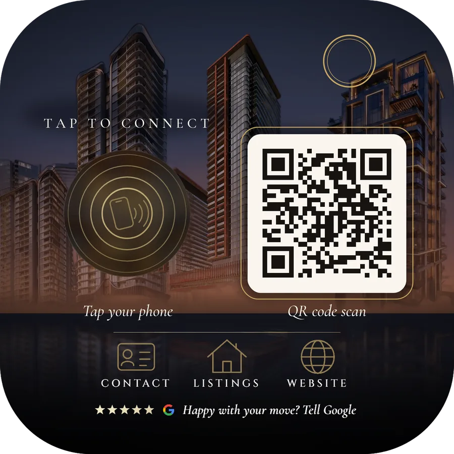 Real estate card with high-rise towers at dusk