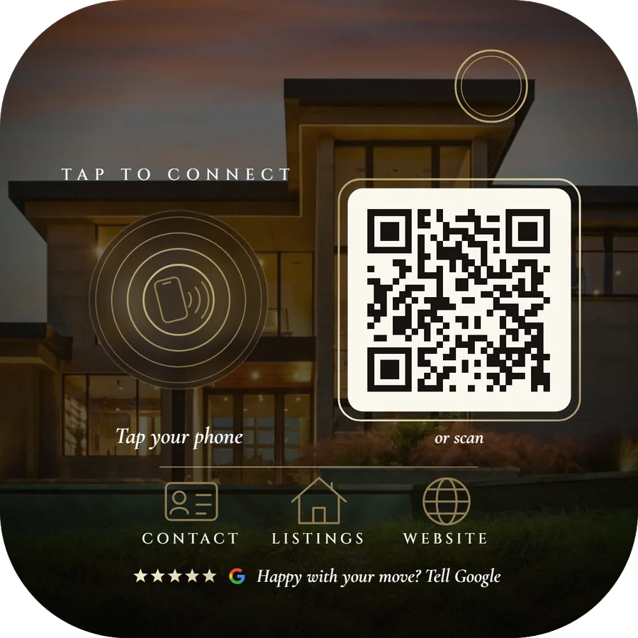 Real estate card with a modern home at dusk