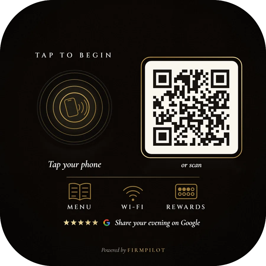 Black and gold restaurant card, powered by FirmPilot