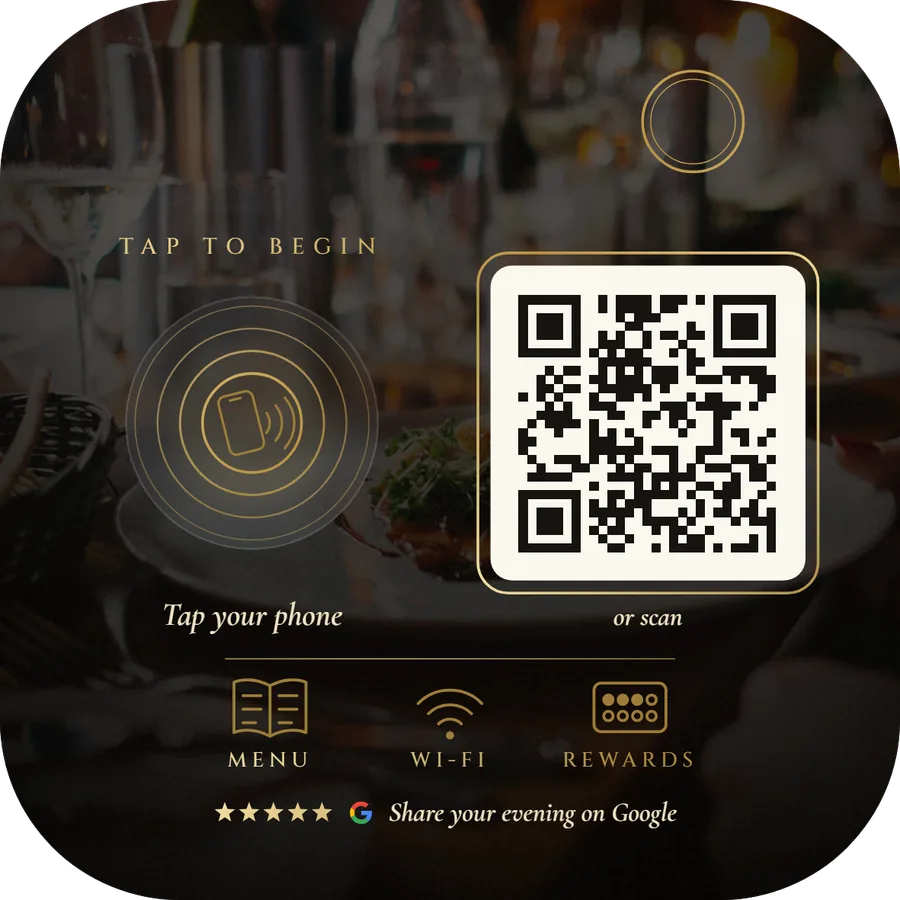 Restaurant card with a dining photo, menu, Wi-Fi and rewards icons
