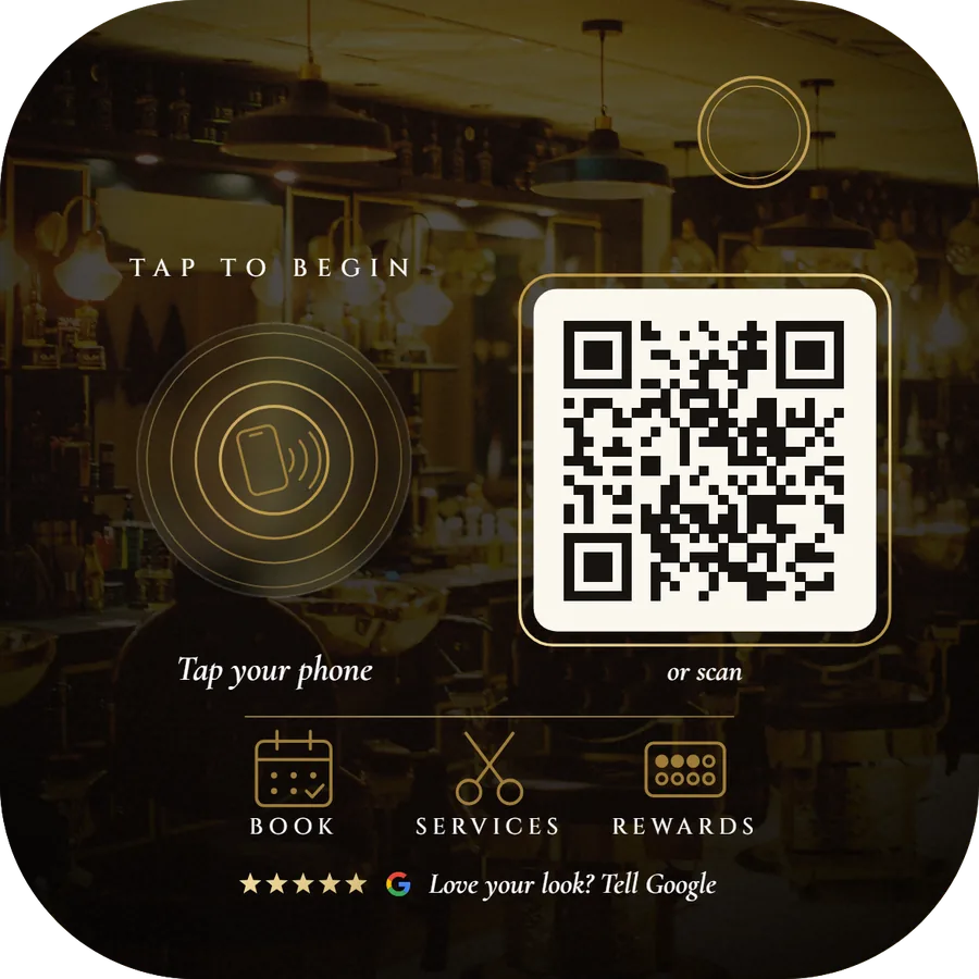 Salon card on a warm salon photo with book, services and rewards icons