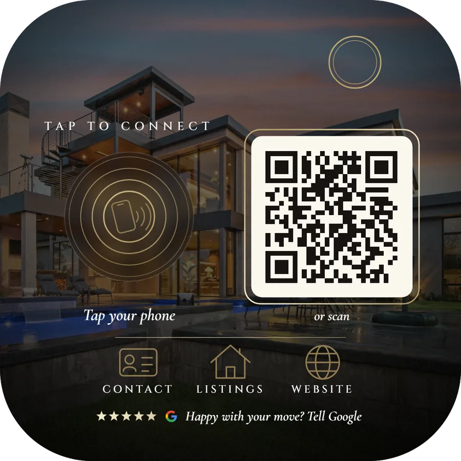 Real estate card with a lit villa and pool